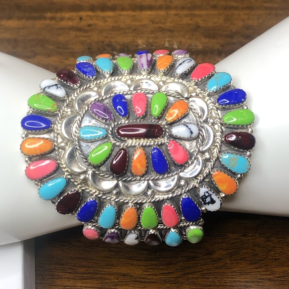 NAVAJO Handmade Native American Sterling Silver Multi Gemstone Petit Point Cuff - Picture 6 of 17